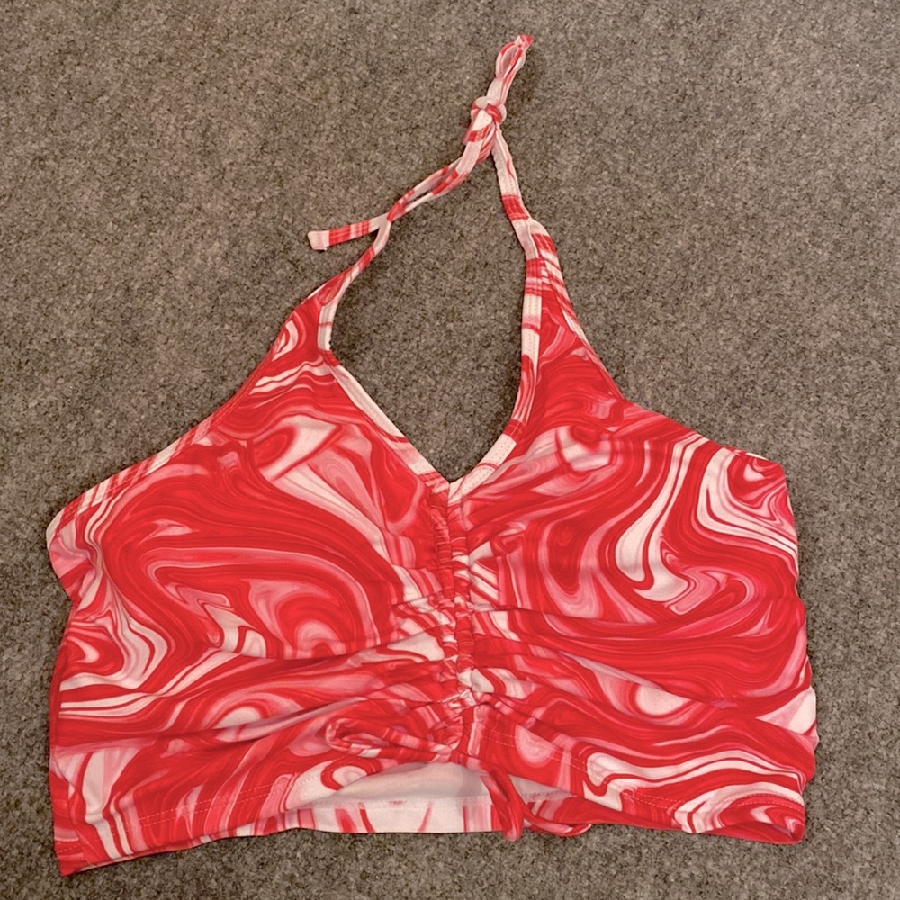 Red/Pink Fluid Print Drawstring Tieback Ruched Stretchy Cropped Halter SWIM top